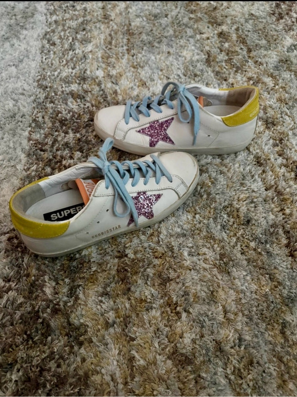 Golden Goose White Sneakers with Pink Glitter Star and Yellow Heel